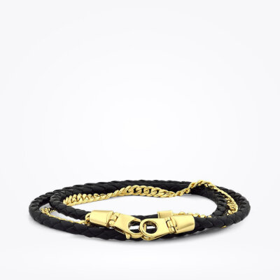 Altın Erkek Deri ve Zincir Bileklik - 1