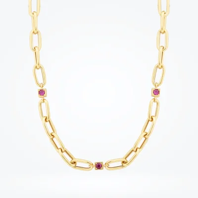 Altın Fuşya Taş Detaylı Zincir Kolye - 1