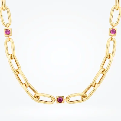 Altın Fuşya Taş Detaylı Zincir Kolye - 2
