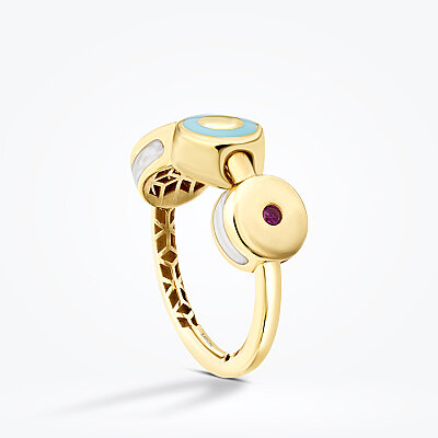 Altın Fuşya Taşlı Beyaz Mavi Mineli Trend Yüzük - 3