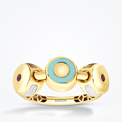 Altın Fuşya Taşlı Beyaz Mavi Mineli Trend Yüzük - 1