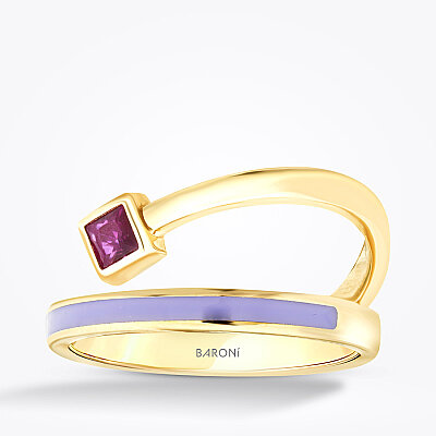 Altın Fuşya Taşlı Mor Mineli Trend Yüzük - 1
