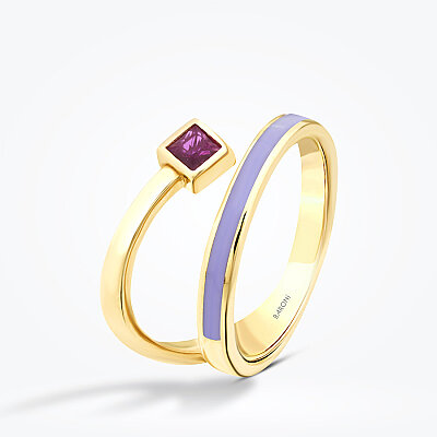 Altın Fuşya Taşlı Mor Mineli Trend Yüzük - 2