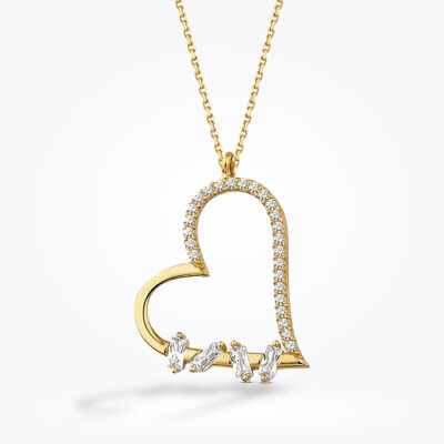 Altın Bagetli Kalp Kolye - 1