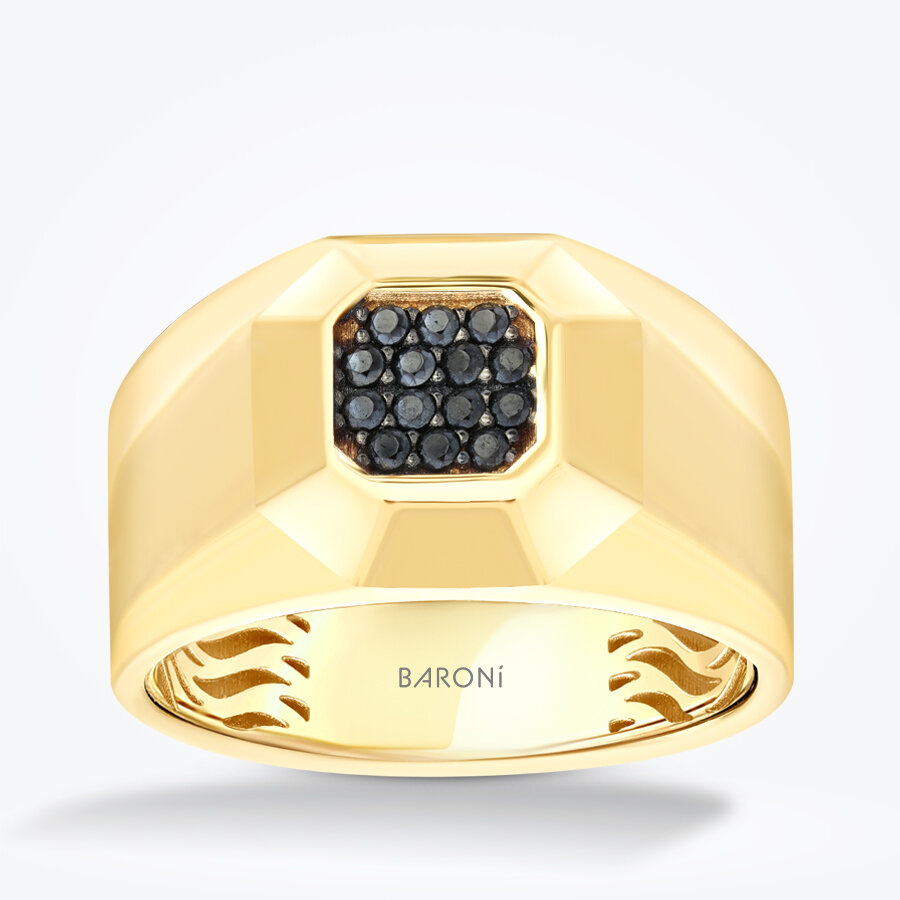 Altın Kare Siyah Taşlı Erkek Yüzük - Baroni Diamond