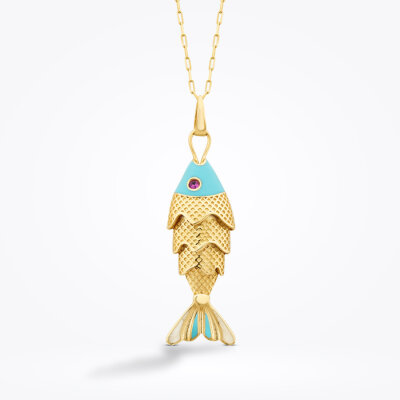 Altın Mavi Mineli Balık Trend Kolye - 2