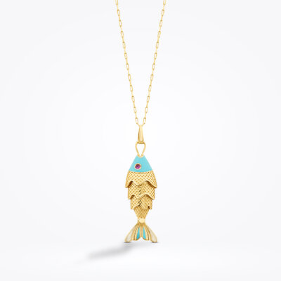 Altın Mavi Mineli Balık Trend Kolye - 1
