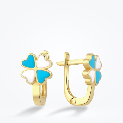 Altın Mavi Yonca Çocuk Küpe - 1