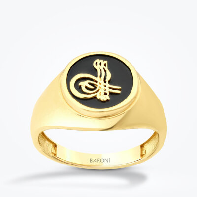 Altın Osmanlı Tuğrası Siyah Kare Erkek Yüzük - 1