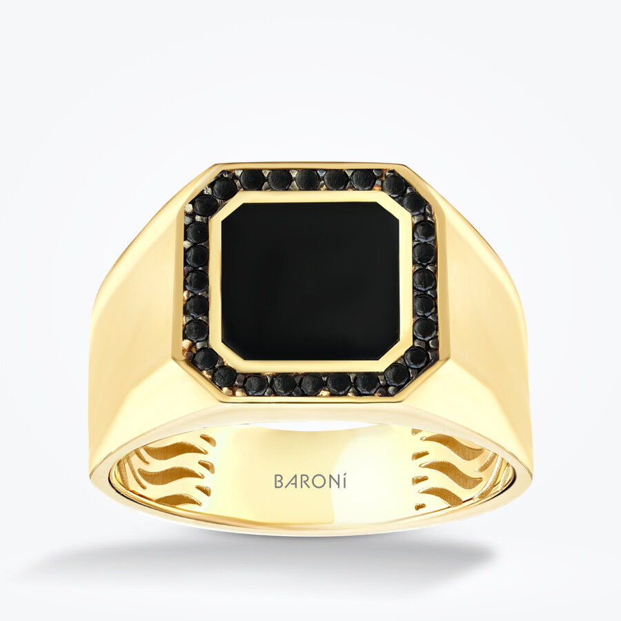 Altın Siyah Mineli Taşlı Erkek Yüzük - Baroni Diamond