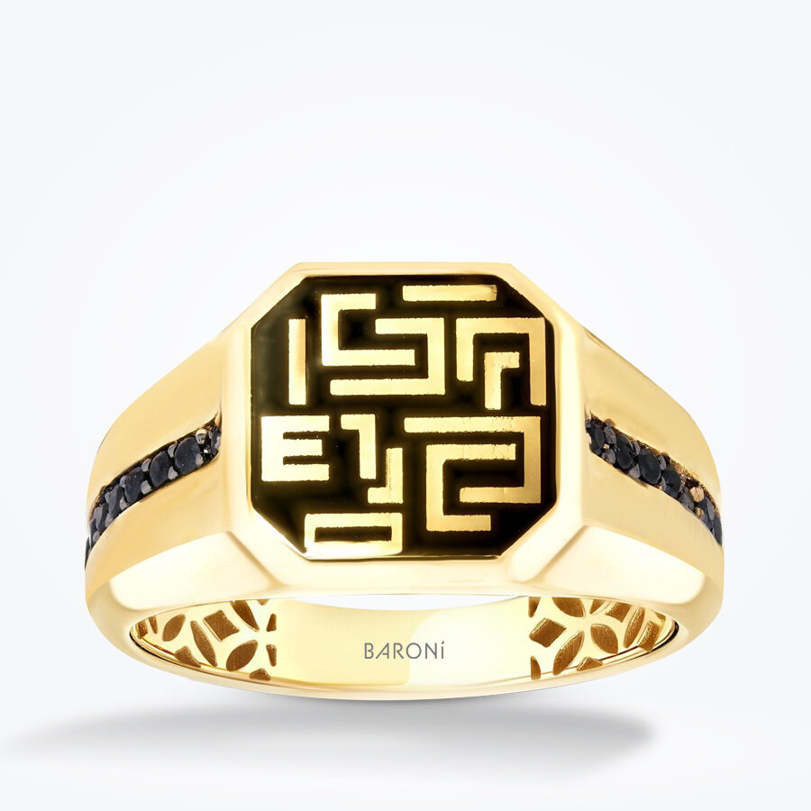 Altın Siyah Taşlı Sembol Erkek Yüzük - Baroni Diamond
