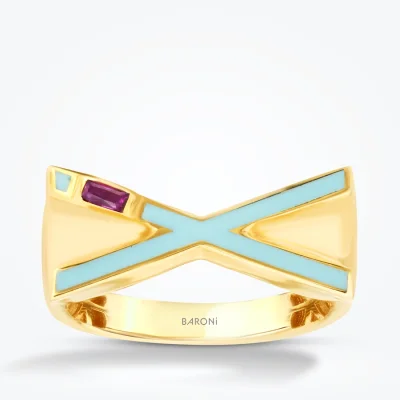 Altın Taşlı Geometrik Mavi Yüzük - 1