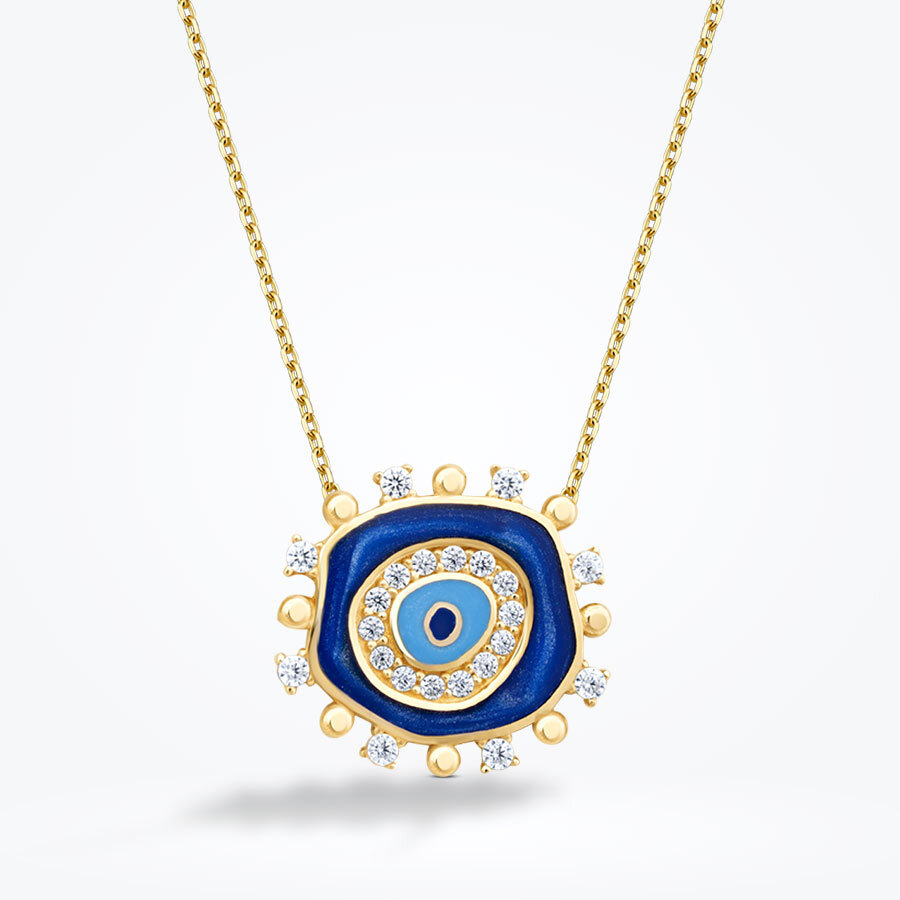 Altın Taşlı Mavi Nazar Kolye - Baroni Diamond