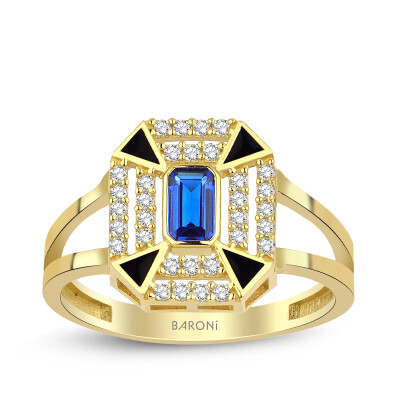 Altın Mavi Baget Taşlı Yüzük - 1