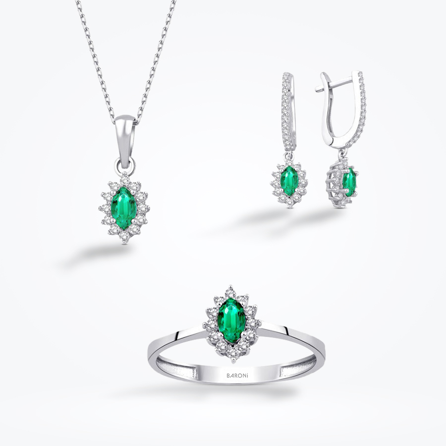Altın Yeşil Taişlı Markiz Set - Baroni Diamond