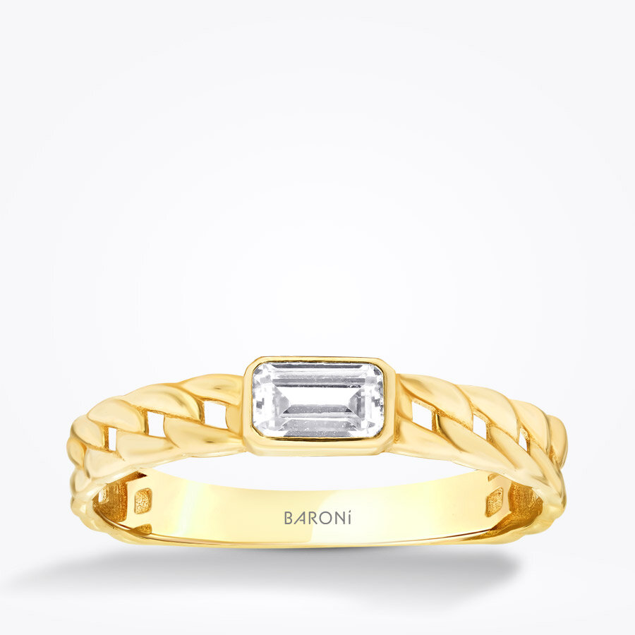 Altın Zincir Detaylı Baget Yüzük - Baroni Diamond